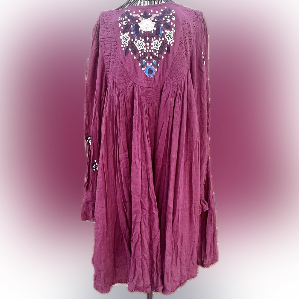 Free People Plum Backless Dress FloralEmbroidered BOHO Artsy Flow Babydoll Sz M - Picture 10 of 16